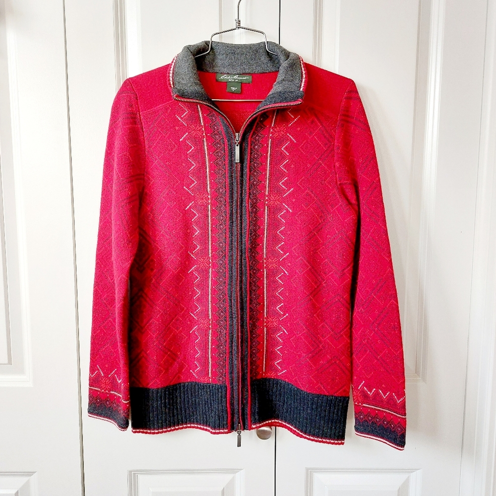 Red Geometric 100% Wool‎ Zip Cardigan Sweater Medium Eddie Bauer Christmas